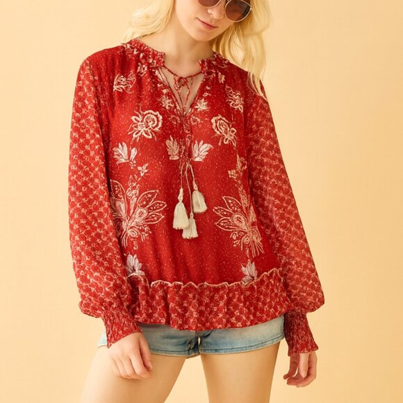Bohera Floral Peasant Blouse Sheer Long Sleeve Ruffle Hem Tassel Tie Top XL - Picture 1 of 10